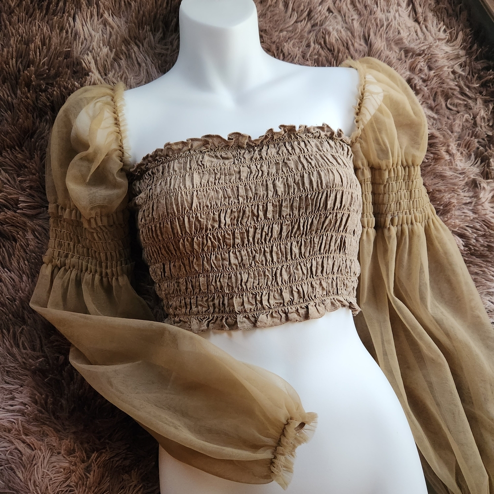 Chiffon Linen Milkmaid Crop Top Coquette Long Puffed Sheer Sleeve Small